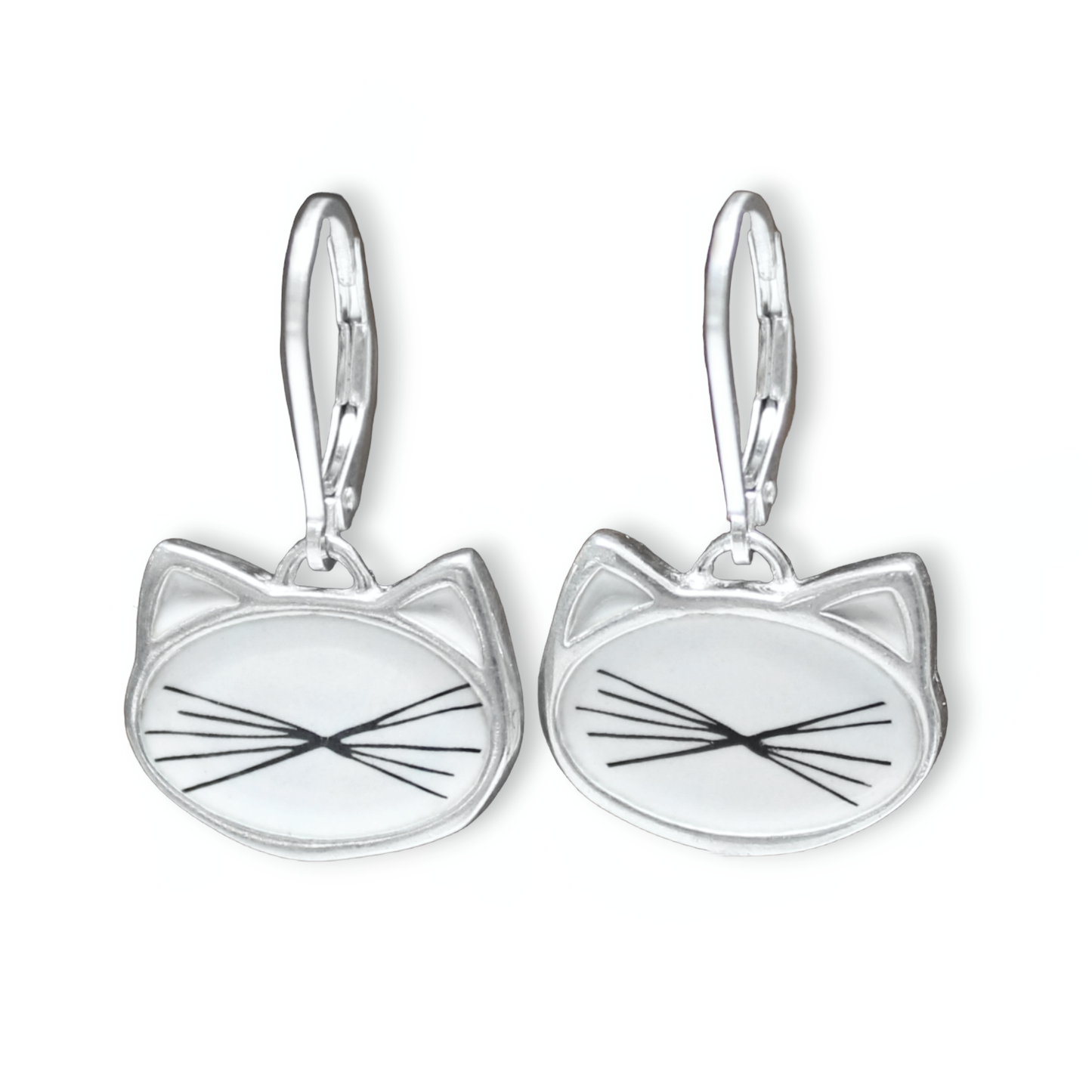 Black Cat Dangle Earrings White Cat Lever Back - Reversible Cat Jewelry Sterling and Vitreous Enamel