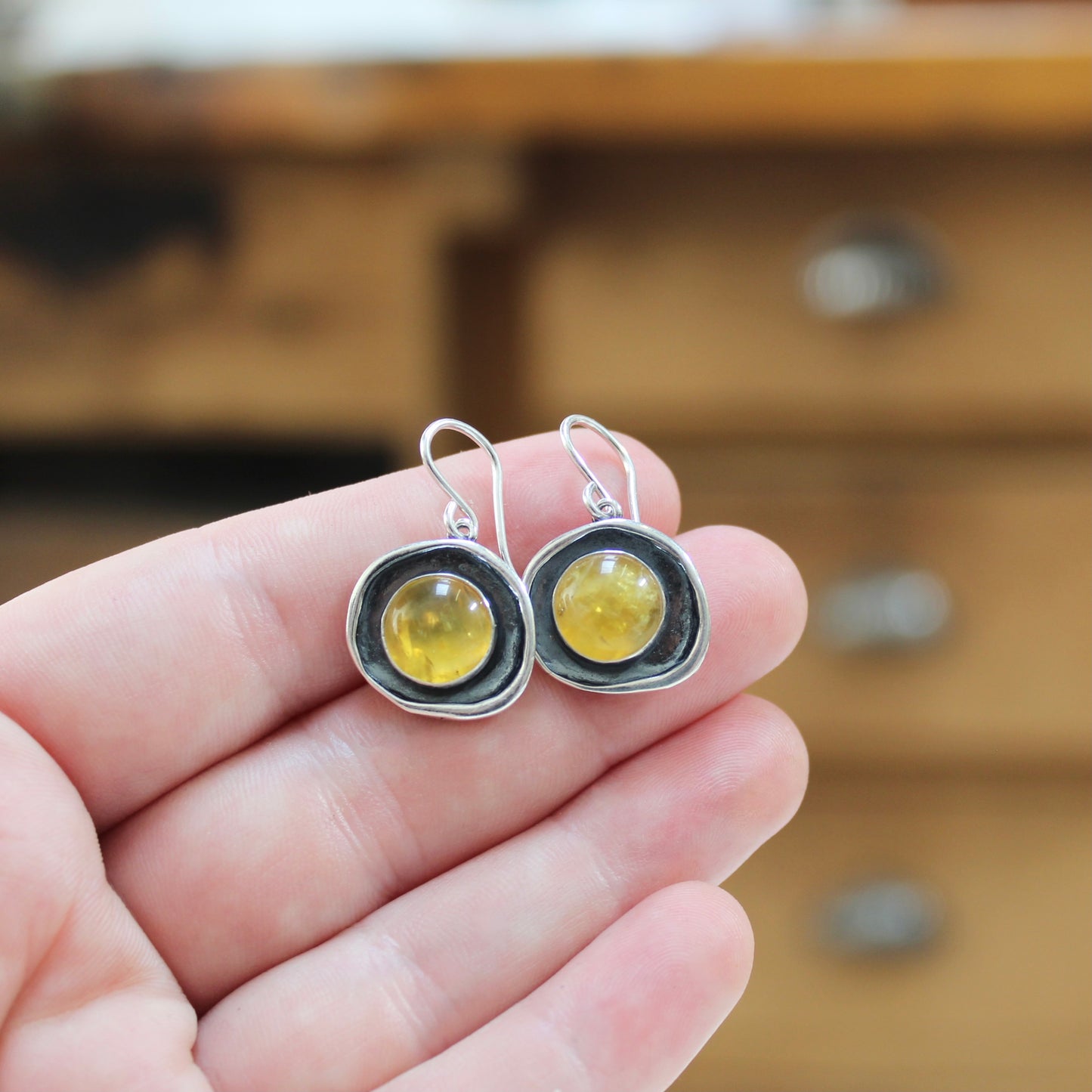 Yellow Opal Earrings - Opals Set in Unique Shadowbox Setting on French Hook Ear Wires