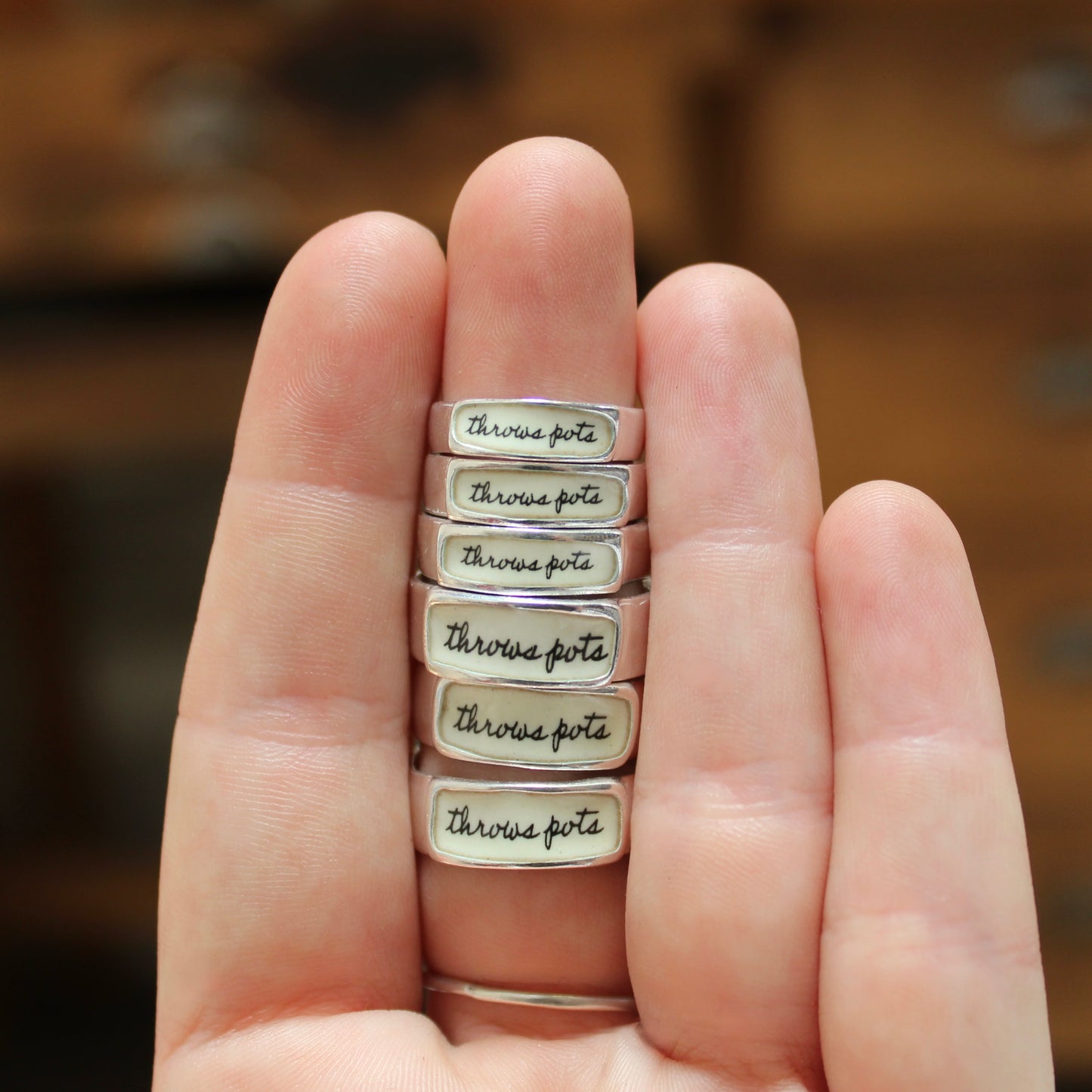 Throws Pots Ring - Sterling Silver and Enamel Band Ring - Gift for Clay Throwers and Makers