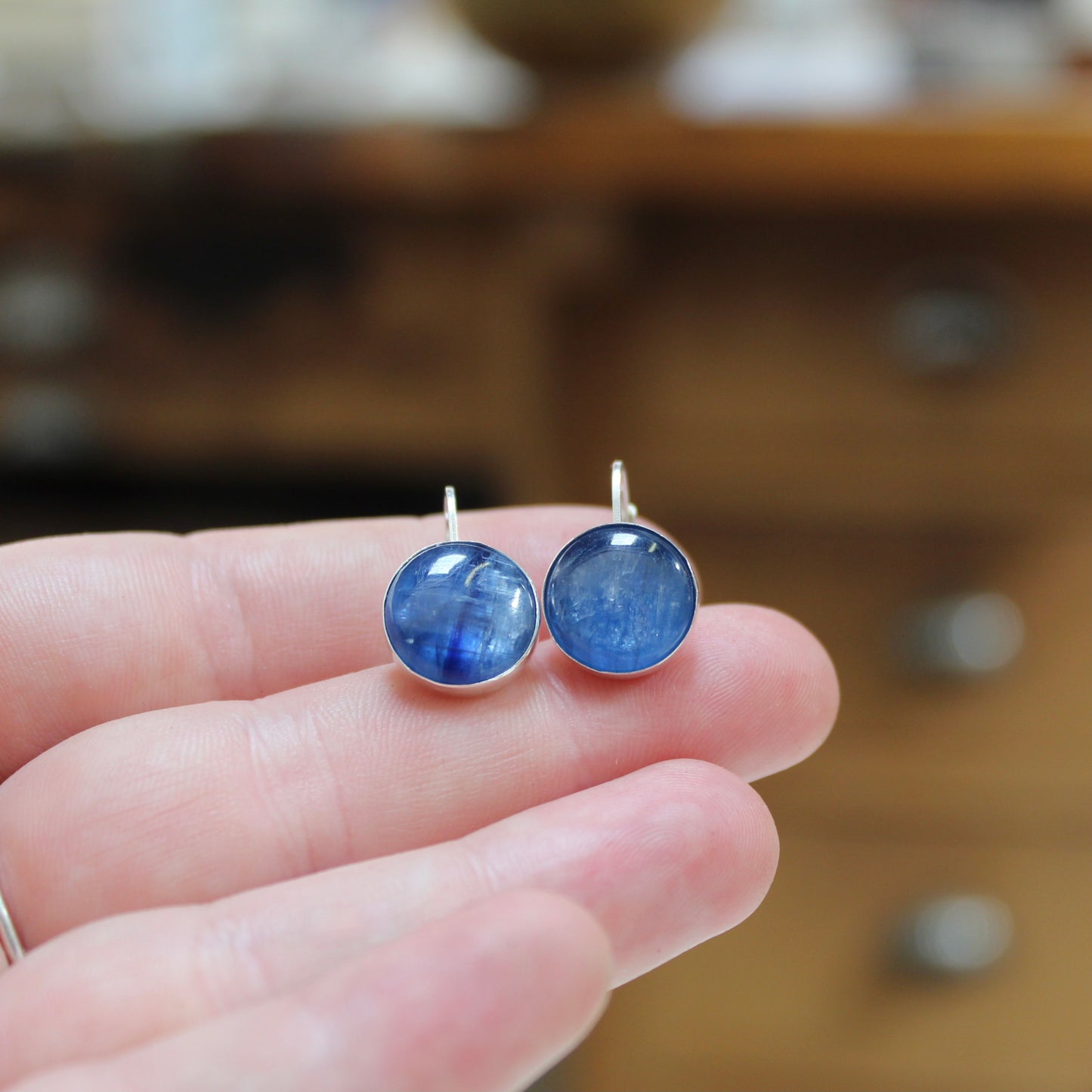 Sterling Silver Shiny Blue Kyanite Earrings on Silver Lever Back Wires