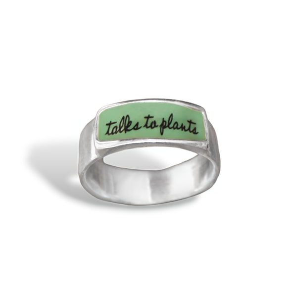 Talks to Plants Ring - Sterling Silver and Green Enamel Gift for Gardners - Green Thumb Gift for Men and Women