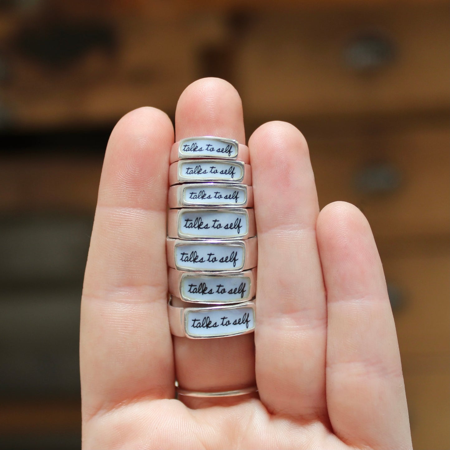 Talks to Self Band Ring - Sterling Silver and Vitreous Enamel Stacking Band Ring - Ring for Chatting with Yourself