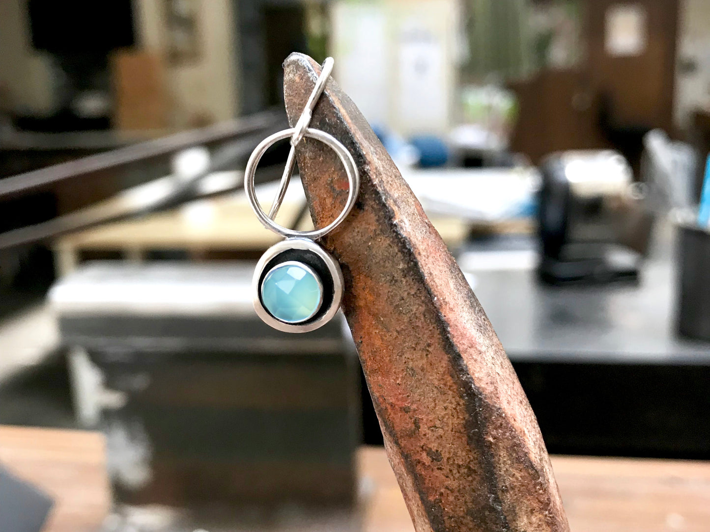 Modern Aqua Blue Chalcedony Earrings - Modern Design Earrings with Rose Cut Chalcedony