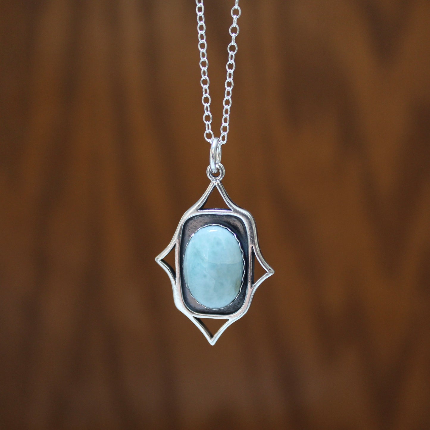 Rococo Style Larimar Pendant - Sterling Silver Gemstone Pendant with Decorative Elements on Adjustable Chain