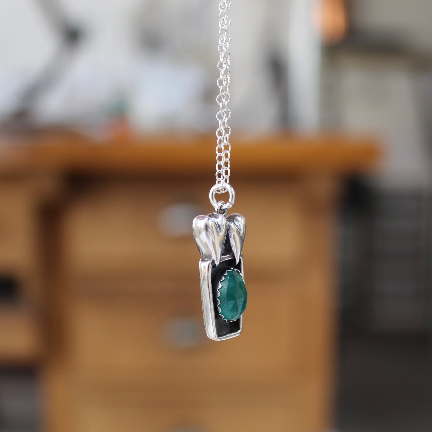 Hearts Connected Forever - Romantic Gift Pendant - Set With an Emerald on an Adjustable Chain