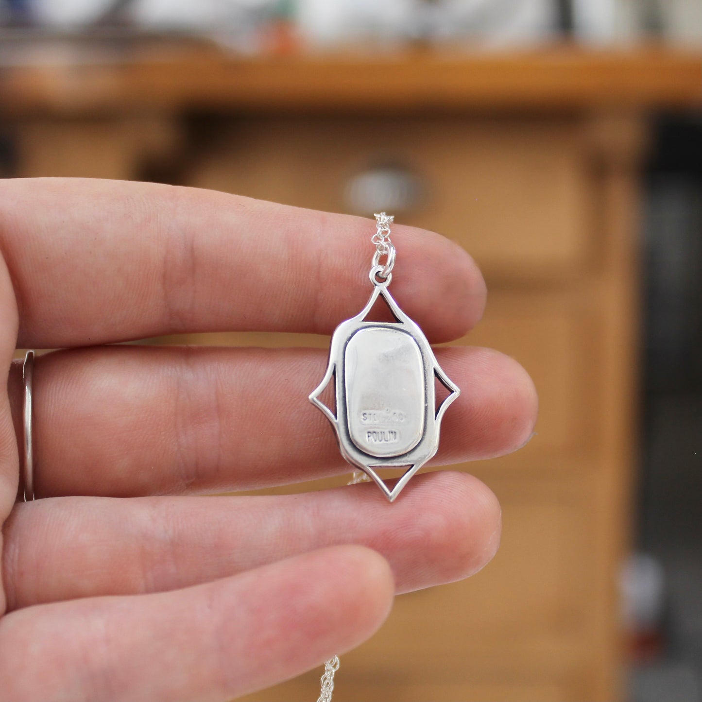 Rococo Style Rose Cut Emerald Pendant - Sterling Silver Gemstone with Decorative Elements on Adjustable Chain