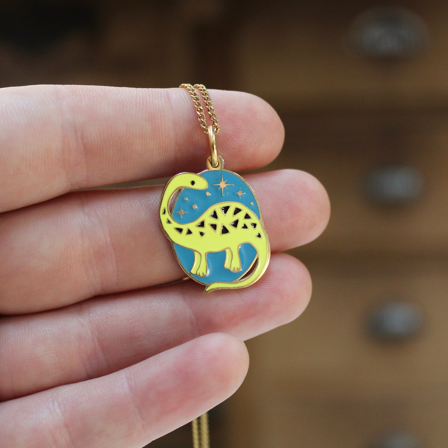 Brontosaurus Dinosaur Charm Necklace - Gold Finished Dinosaur Jewelry on Adjustable Chain