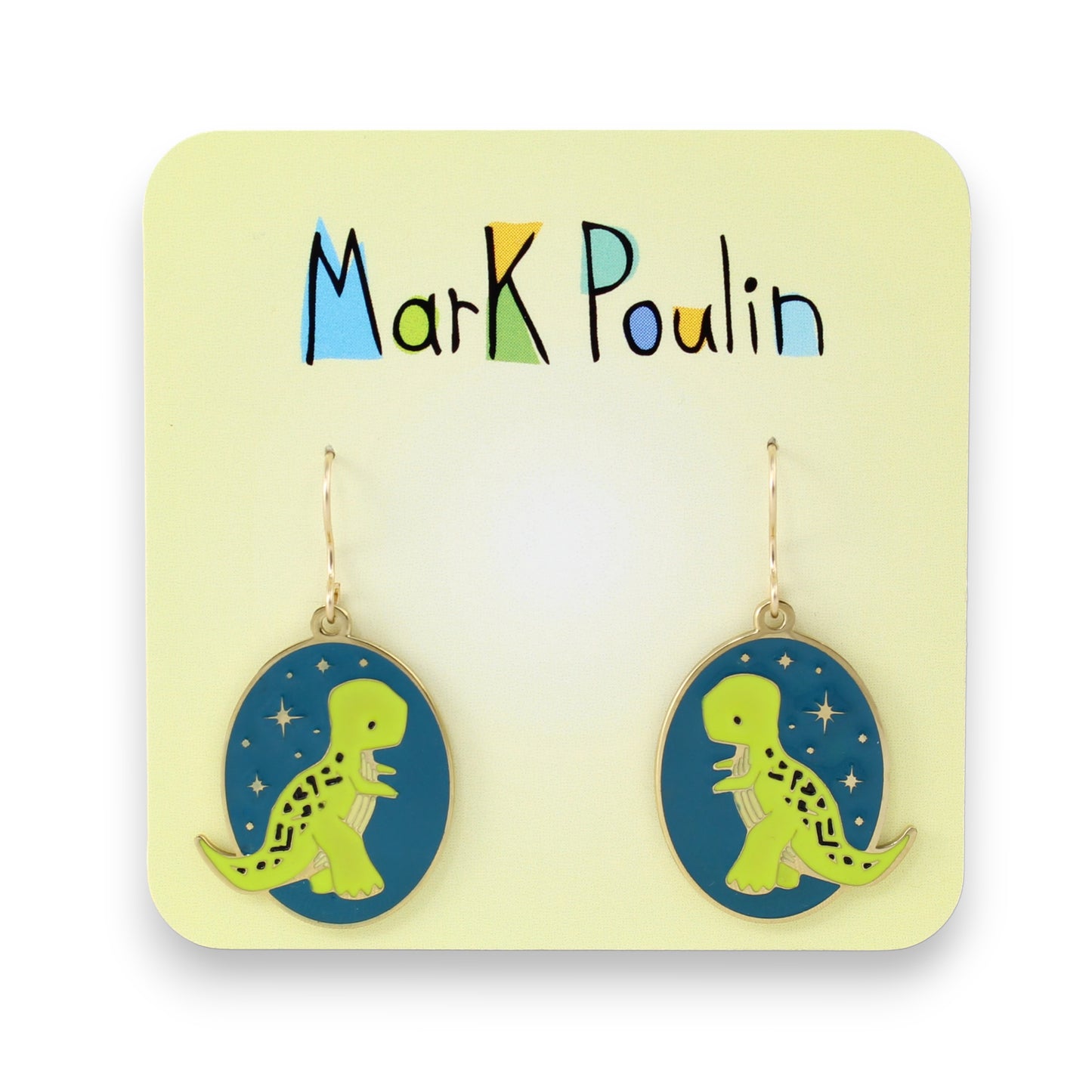 Gold Dinosaur Dangle Earrings - Tyrannosaurus Rex at Night - Adorable Dinosaur Charm Jewelry