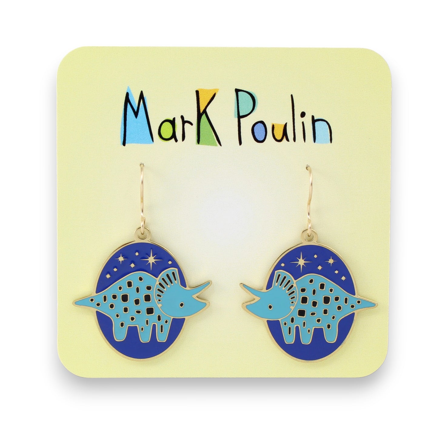 Gold Dinosaur Dangle Earrings - Triceratops at Night - Adorable Dinosaur Charm Jewelry