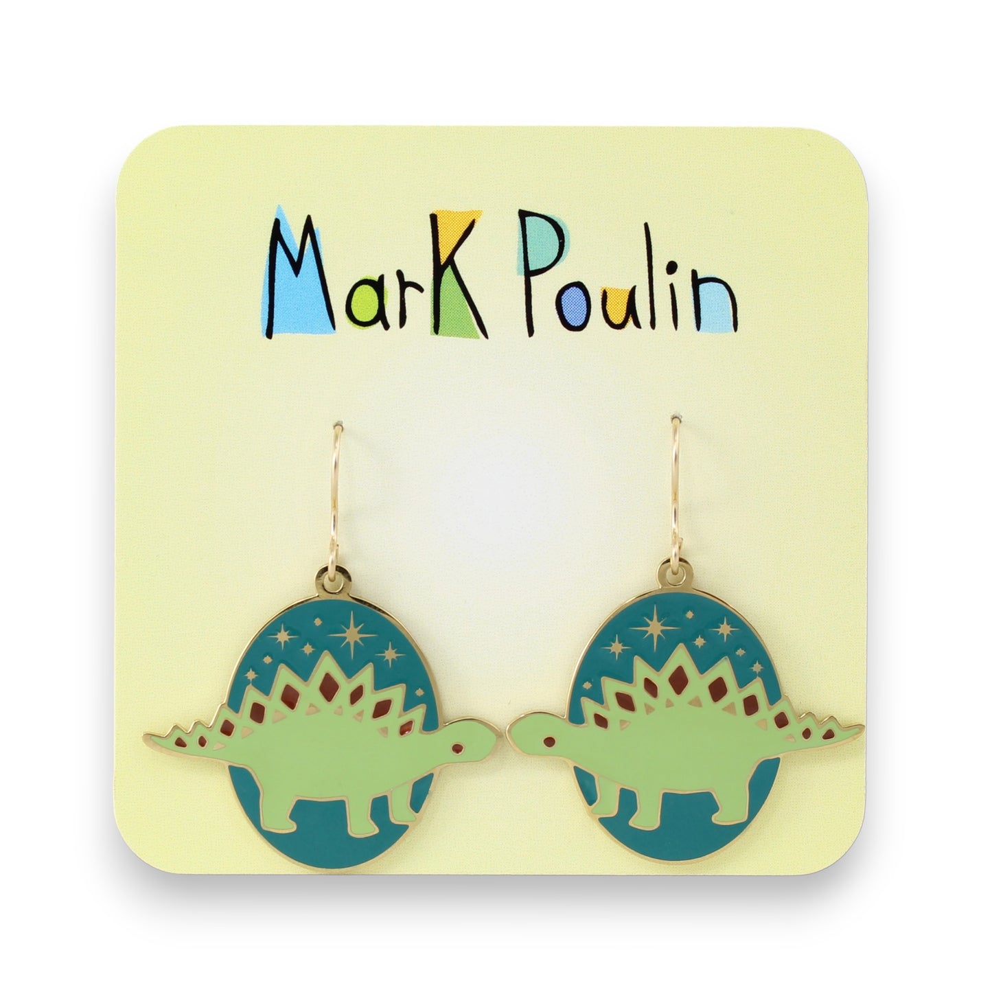 Gold Dinosaur Dangle Earrings - Stegosaurus at Night - Adorable Dinosaur Charm Jewelry