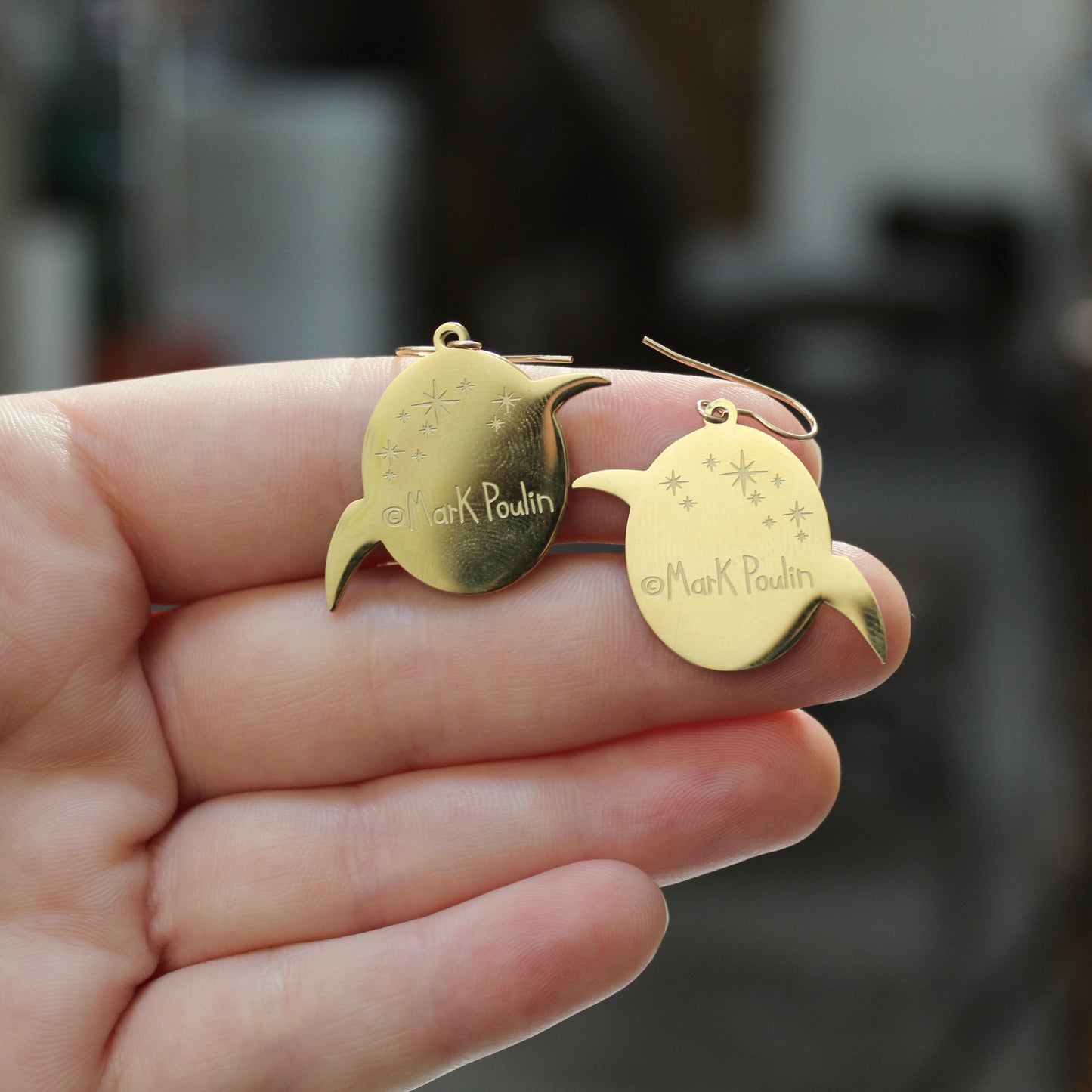 Gold Dinosaur Dangle Earrings - Pterodactyl at Night - Flying Dinosaur Charm Jewelry