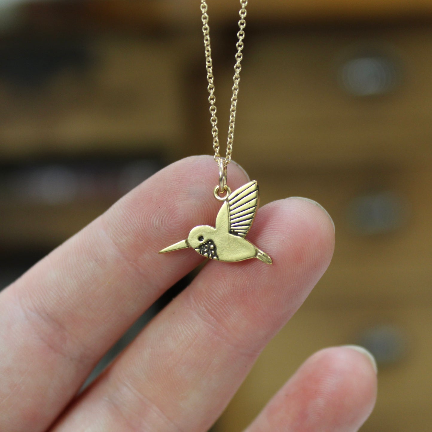 Gold Dipped Tiny Hummingbird Charm Necklace