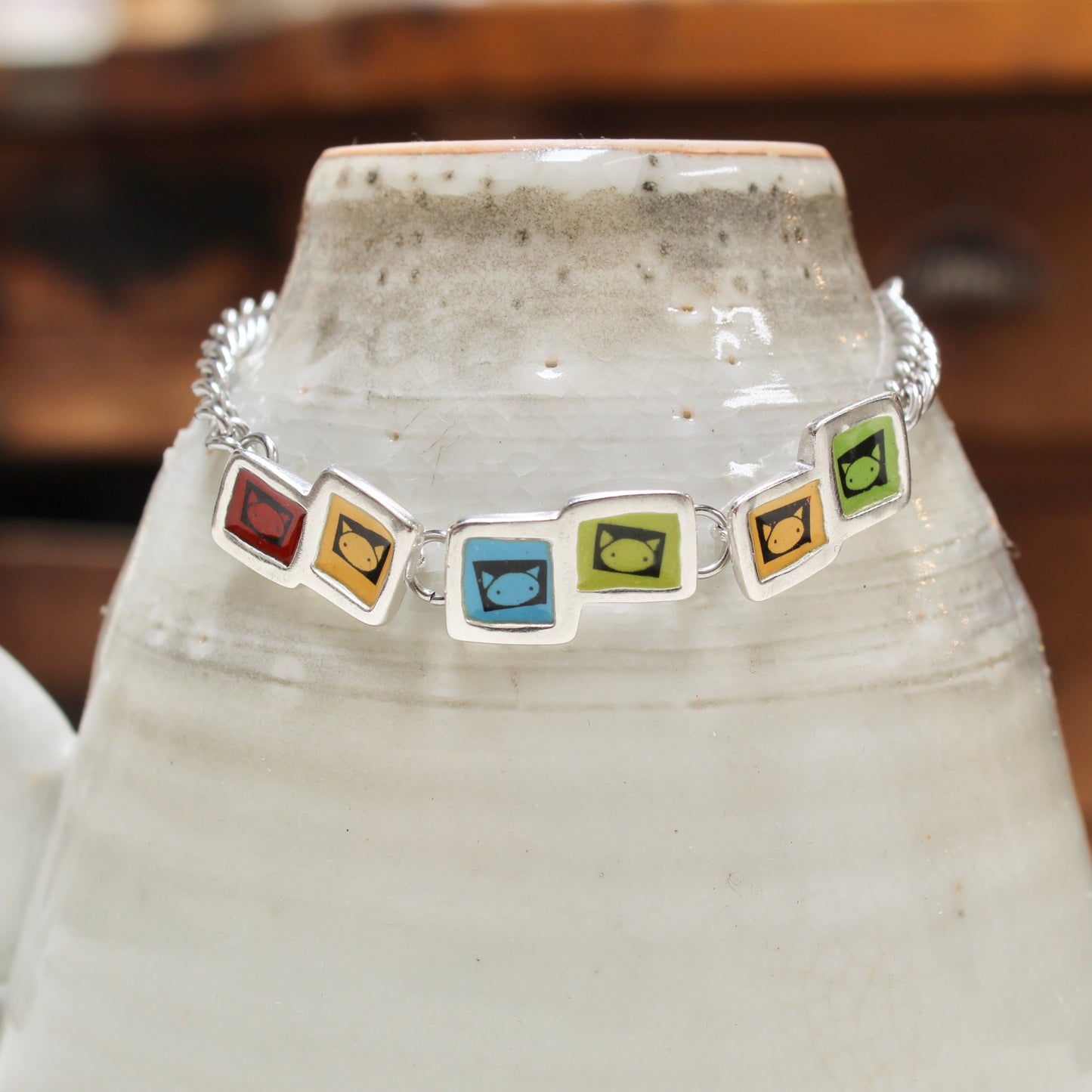 Rainbow Cat Enamel And Sterling Silver Link Bracelet