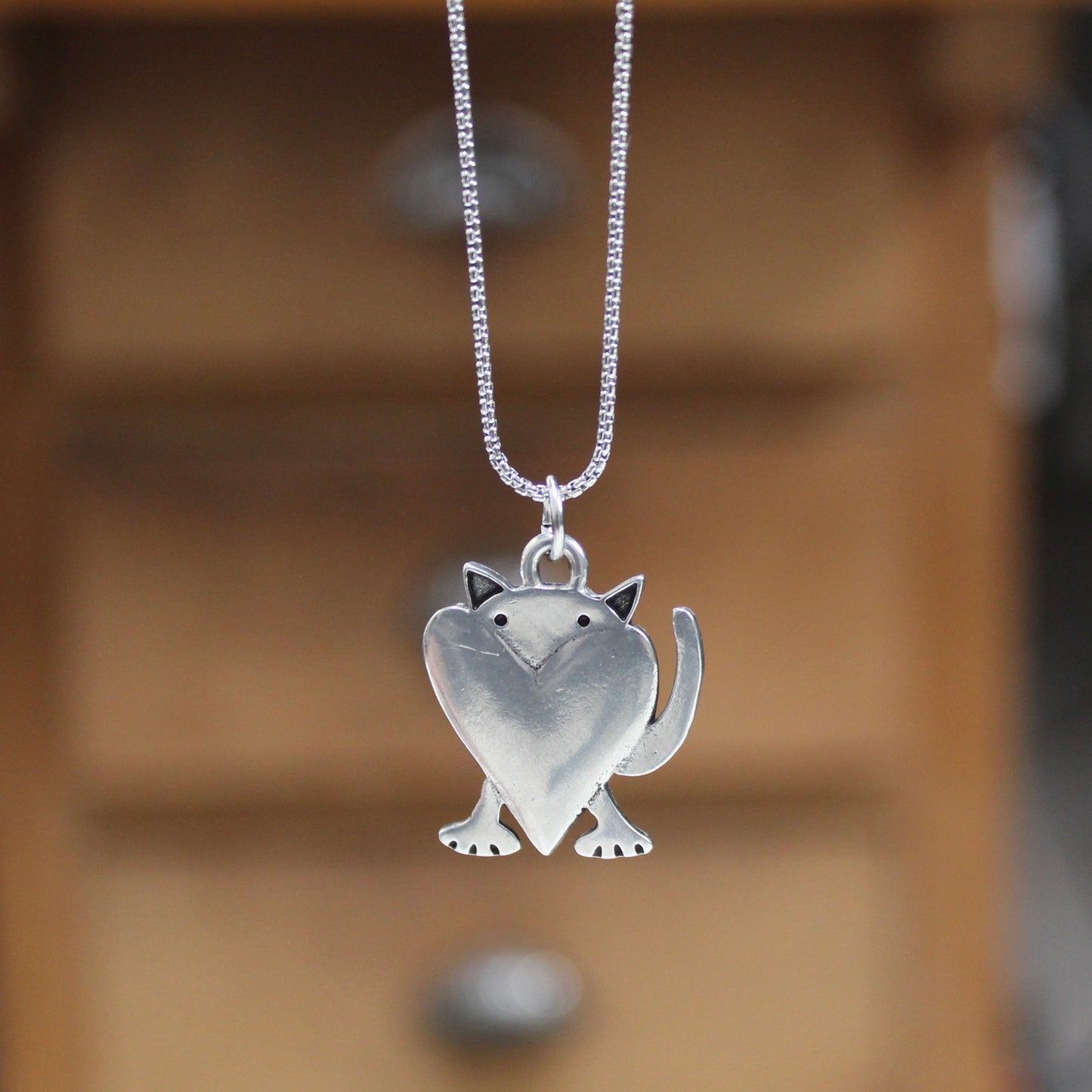 Pewter Cat Necklace - Peeking Cat Pewter Charm Necklace on Adjustable Stainless Steel Box Chain