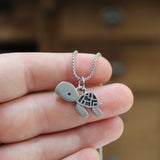 Pewter Sea Turtle Necklace - Cute Turtle Pendant on Adjustable Stainless Steel Box Chain