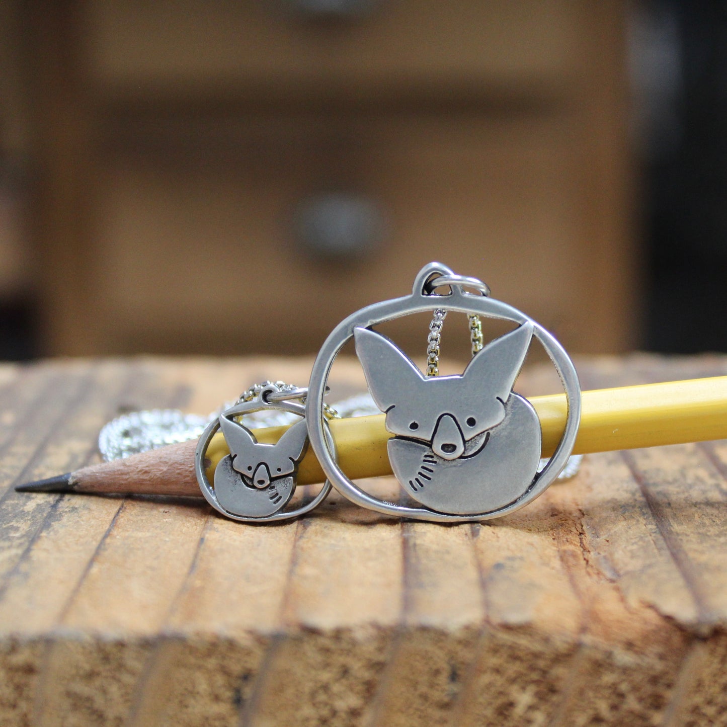 Mother Daughter Fox Pendant Set - Set of Two Fennec Fox Pewter Charms on Adjustable Box Chains