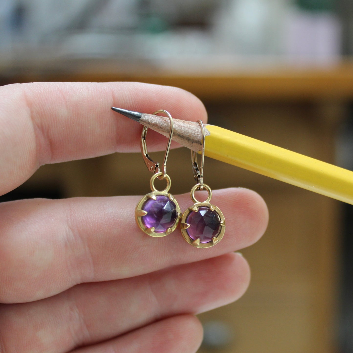 Rose Cut Amethyst Earrings - Prong Set Gold Dipped Gemstone Dangle Earrings - Purple Lever Back