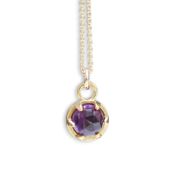 Rose Cut Amethyst Necklace - Prong Set Gold Gemstone Pendant on 16 18 or 20 inch Gold Filled Chain