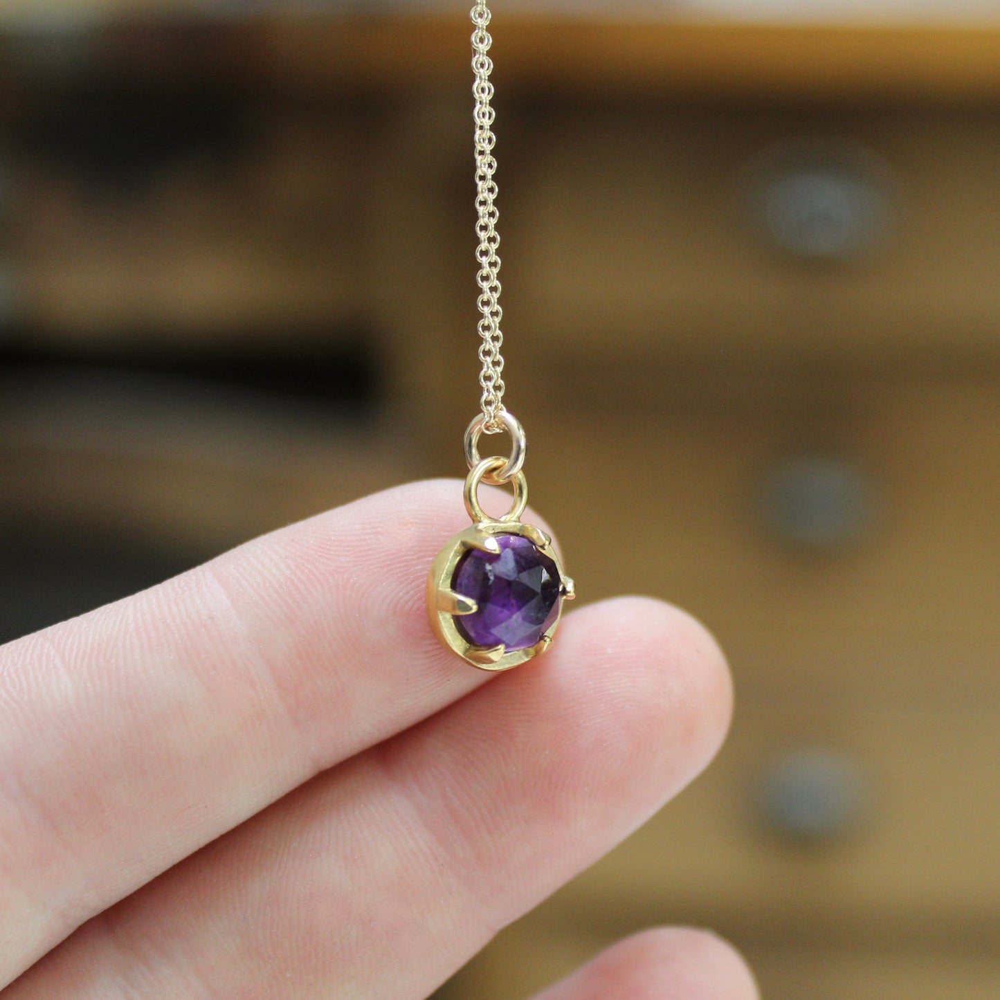 Rose Cut Amethyst Necklace - Gold Plated Prong Set Gemstone Pendant on 16 18 or 20 inch Gold Filled Chain