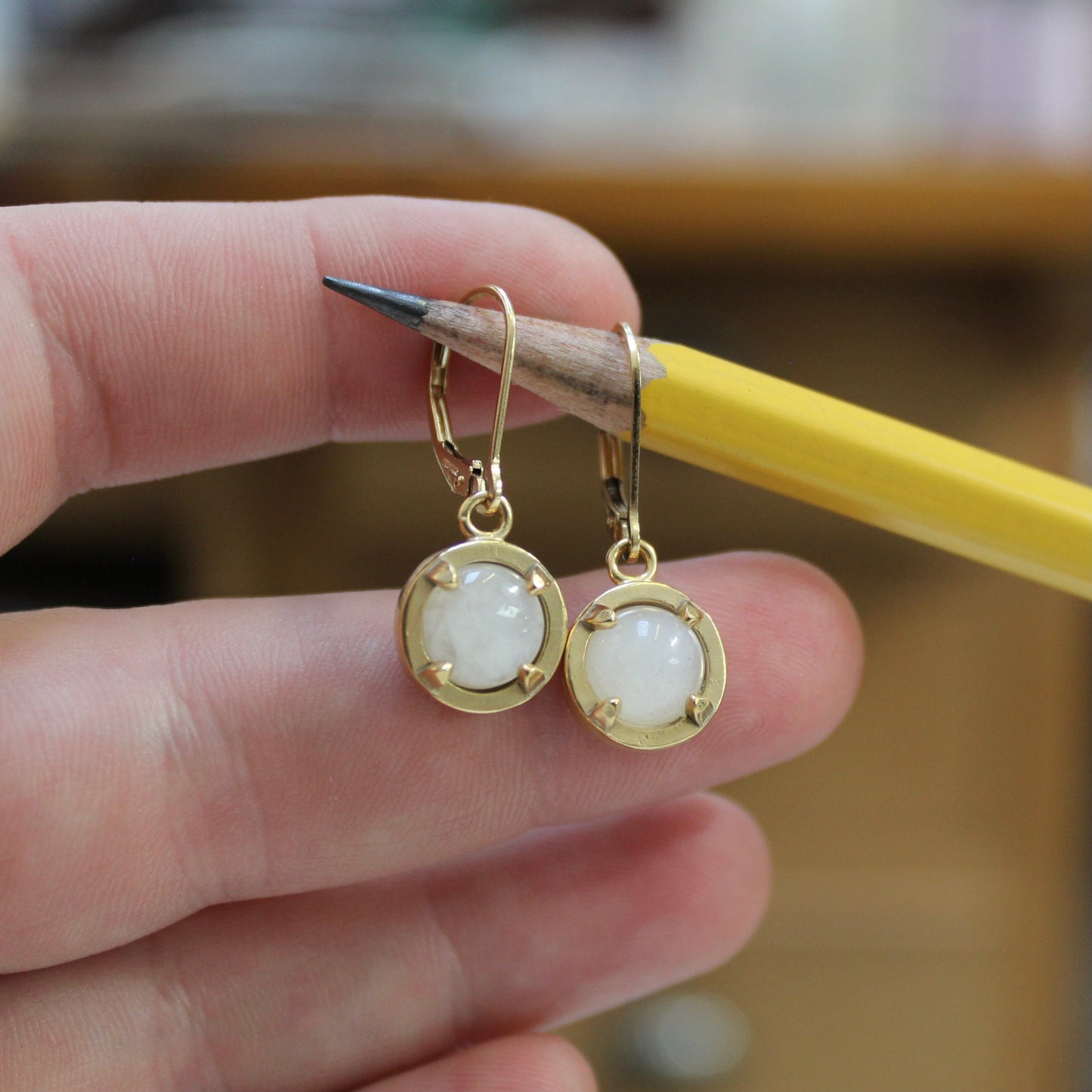 Moonstone Earrings - Prong Set Gold Dipped Gemstone Dangle Earrings - Lever Back Moonstone Jewelry
