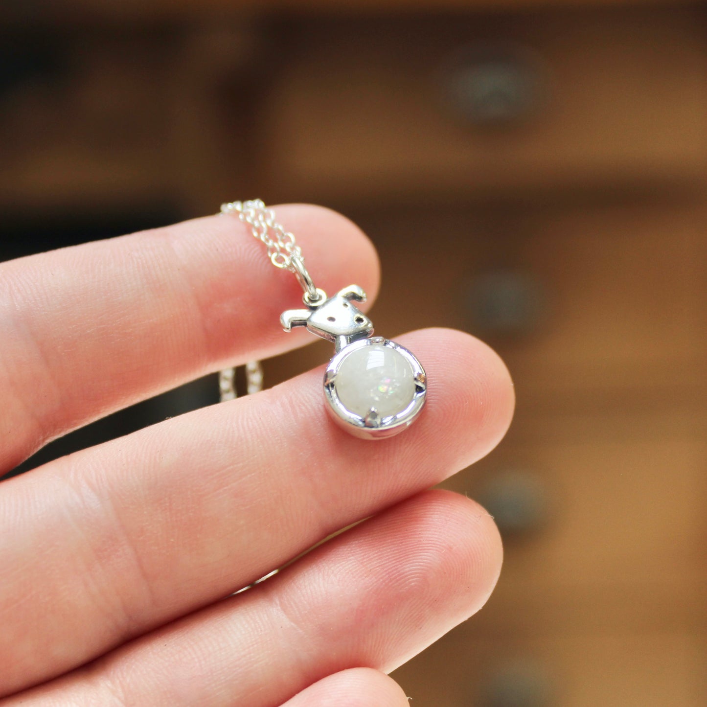 Moon Dog Charm Necklace - Sterling Silver and Moonstone Puppy Pendant