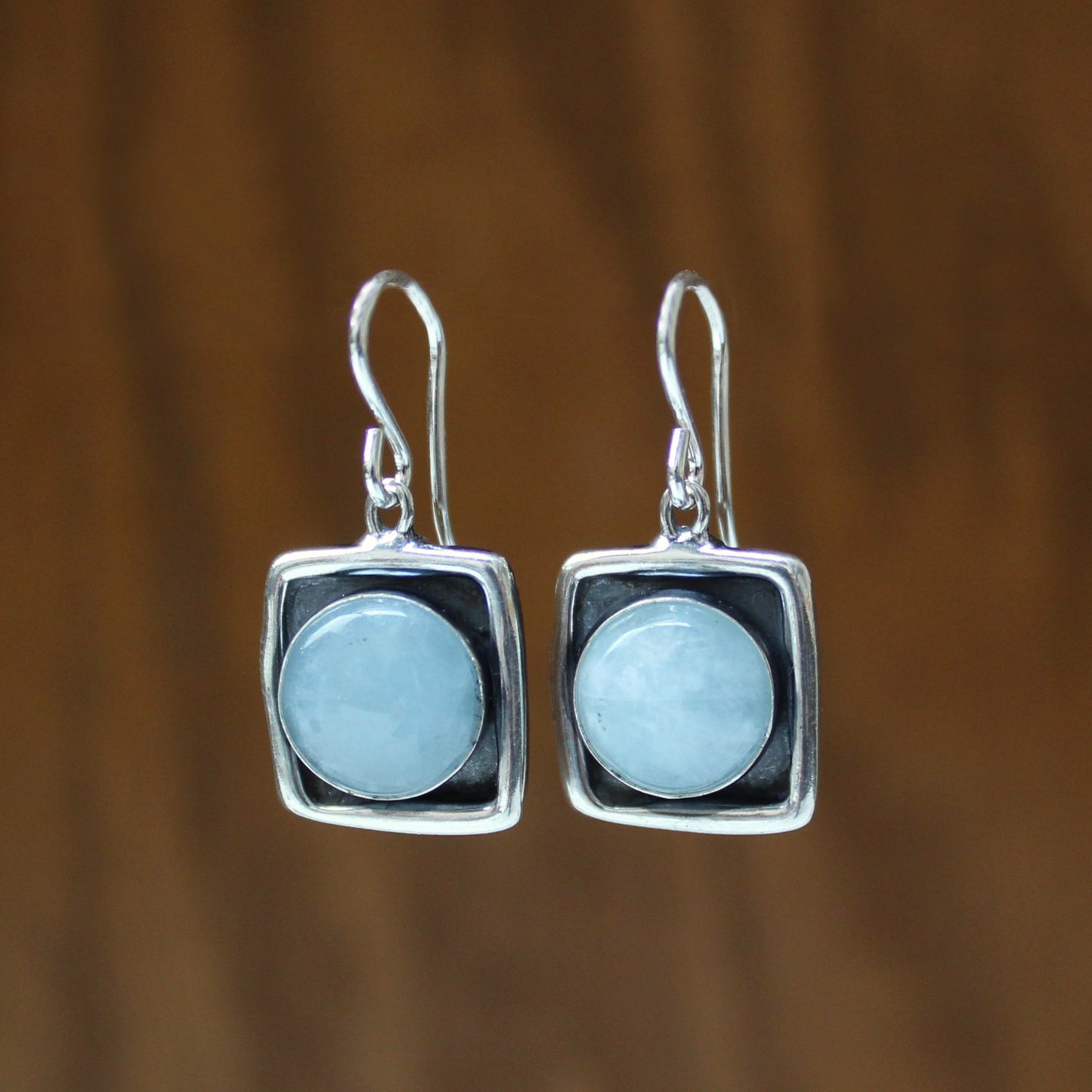 Modern Square Aquamarine Earrings - Sterling Silver and Blue Gemstone Dangle Earrings