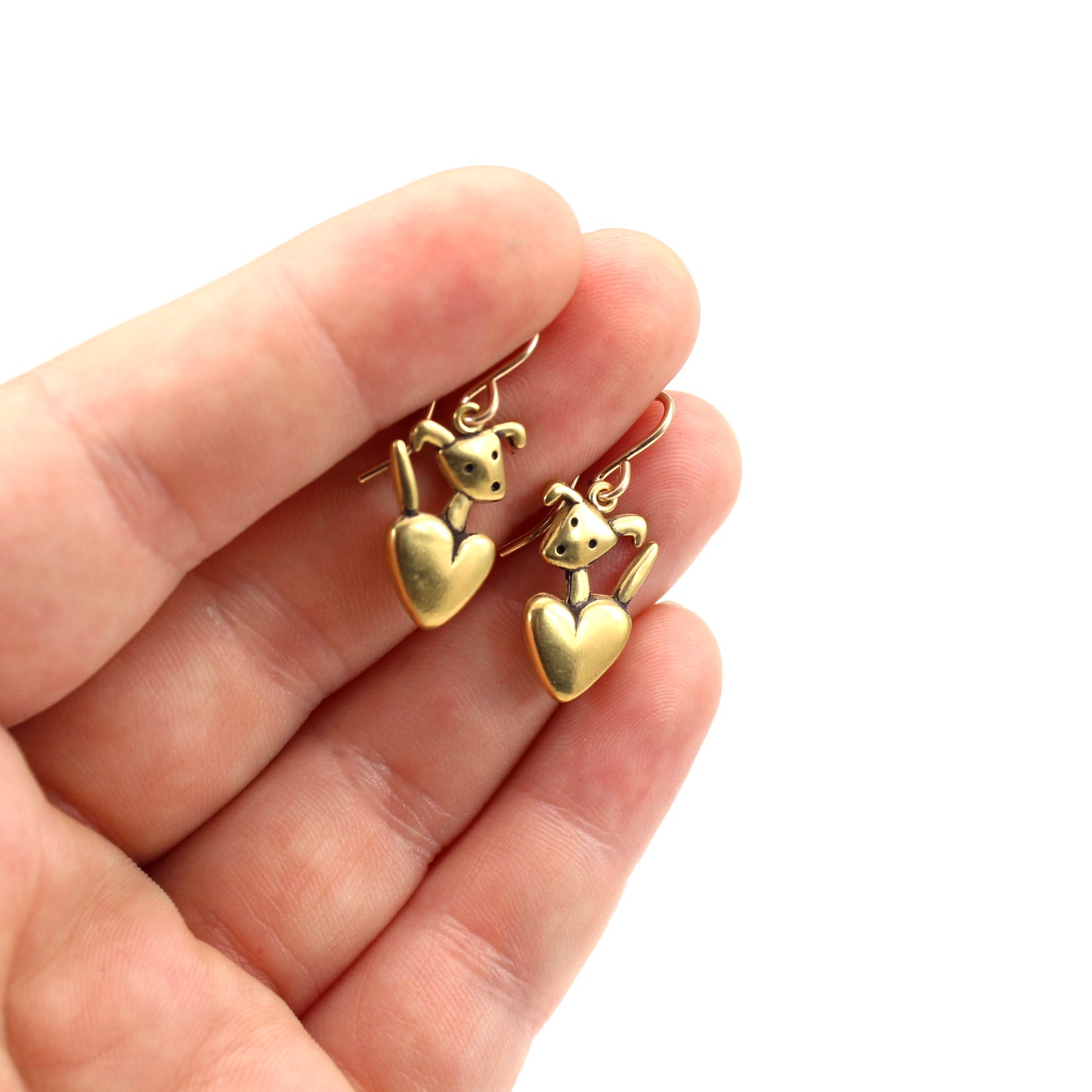 Gold Pocket Pup Charm Earrings - Gold Dipped Sterling Silver Puppy and Heart Dangle Earrings