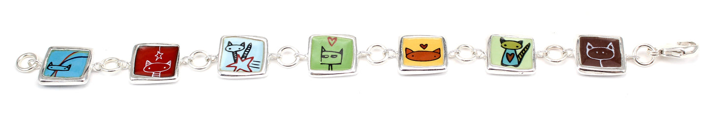 Reversible Sterling Silver and Enamel Cats Vs Cats Bracelet - 14 Hand Drawn Cat Designs - Gift for Cat Mom