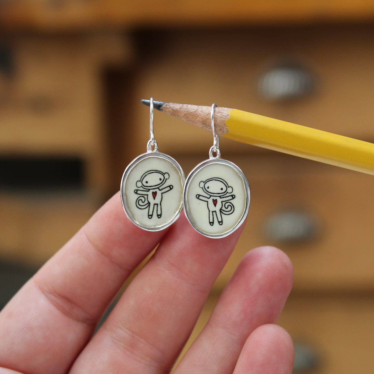 Sterling Silver Sock Monkey Earrings: Enamel Dangles