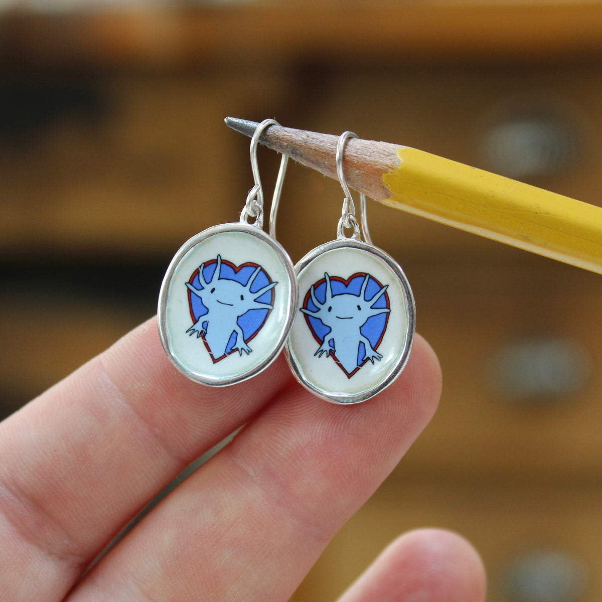 Blue Axolotl Earrings in Sterling Silver and Vitreous Enamel