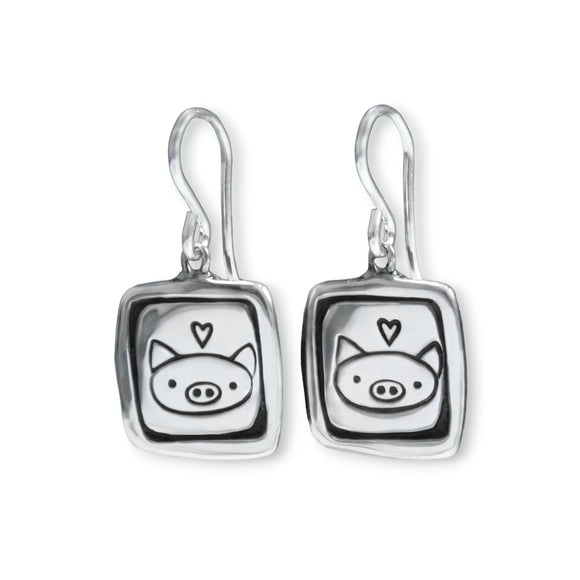 Sterling Silver Pig Charm Dangle Earrings - Pig Jewelry - Pig Gift for Her