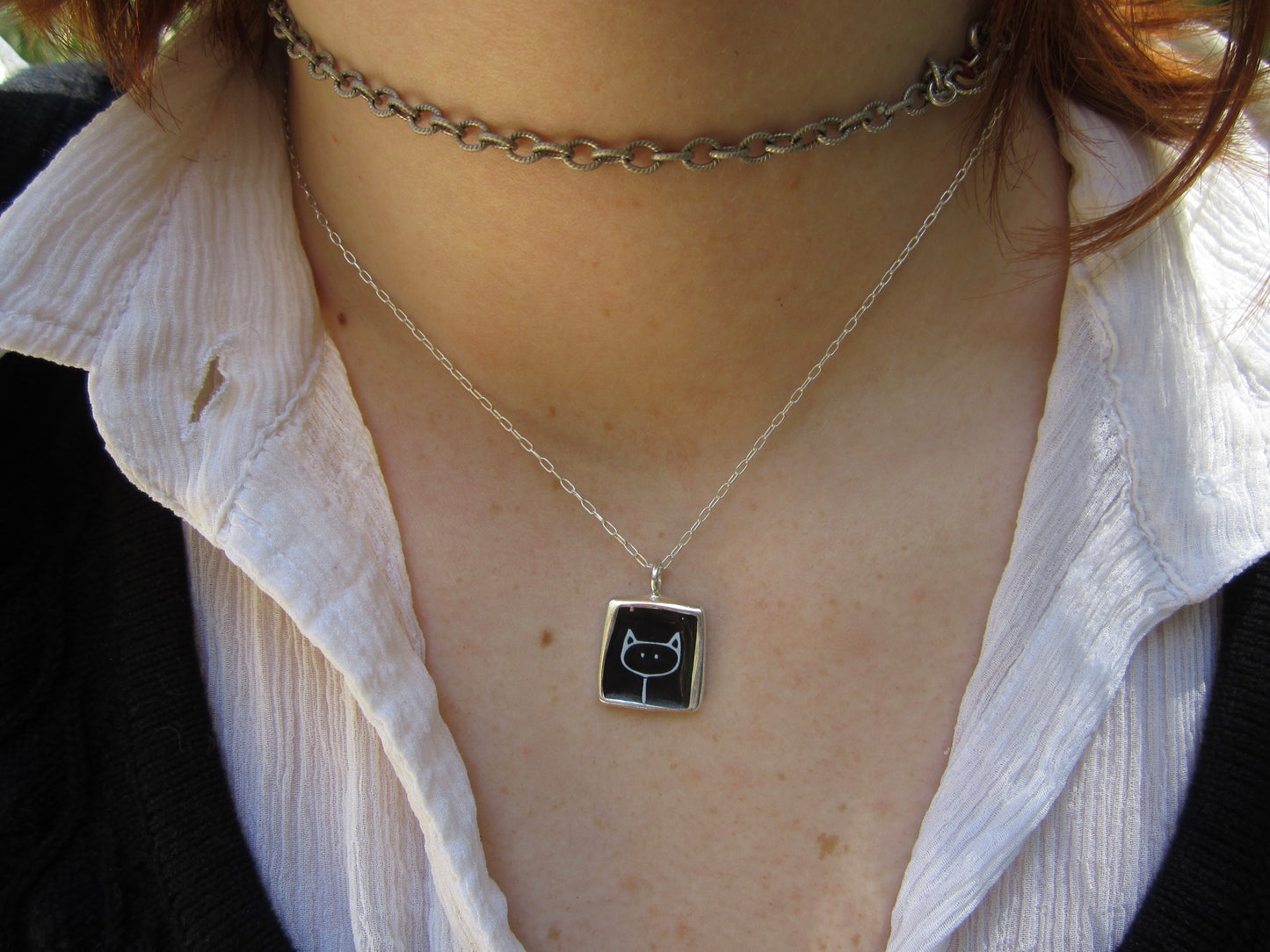 Reversible Sterling Silver and Enamel Stick Kitty and Pointer Necklace - Cat & Dog Jewelry