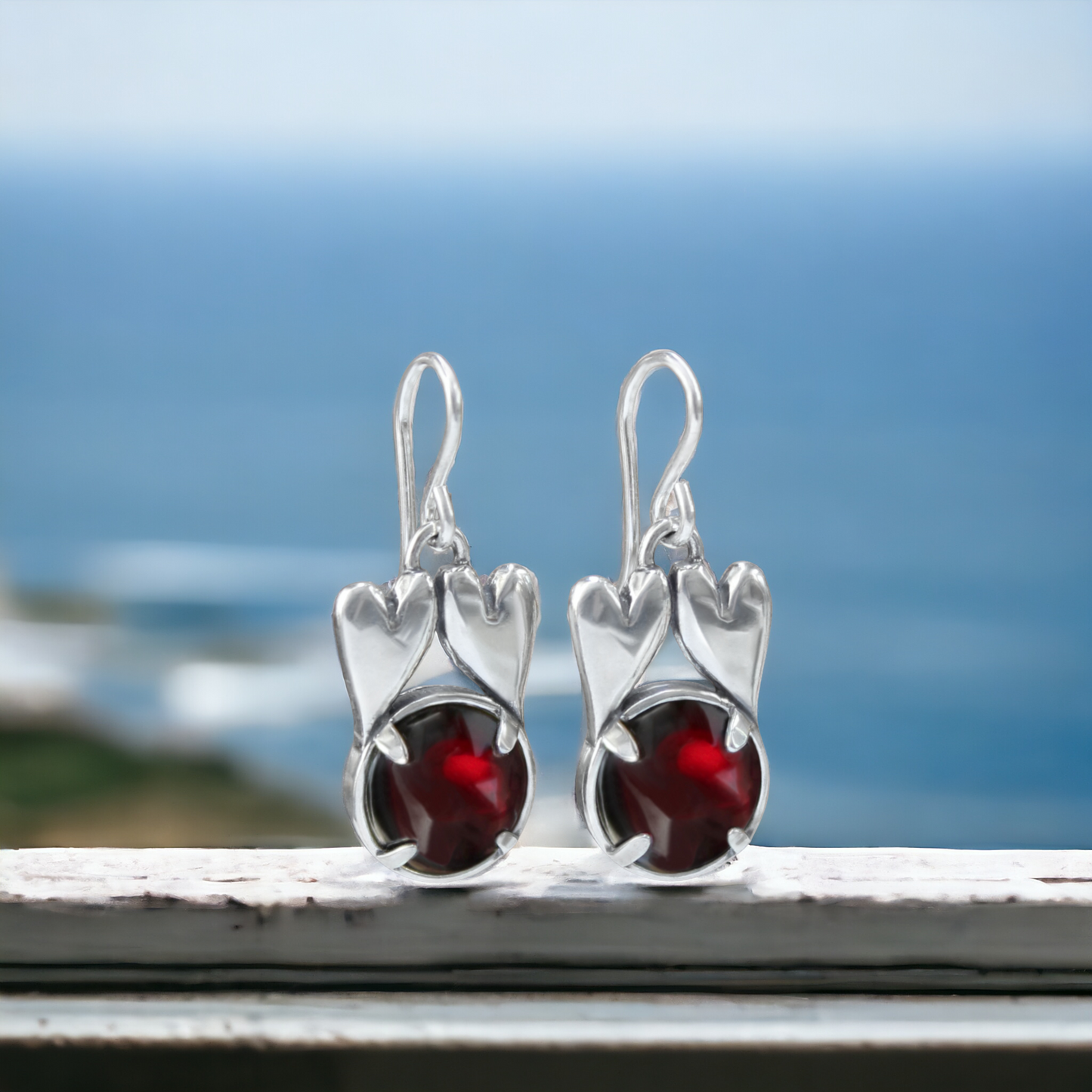 Sterling Silver Connected Hearts Love Gift with Prong Set Garnet for Anniversary Valentines Birthday