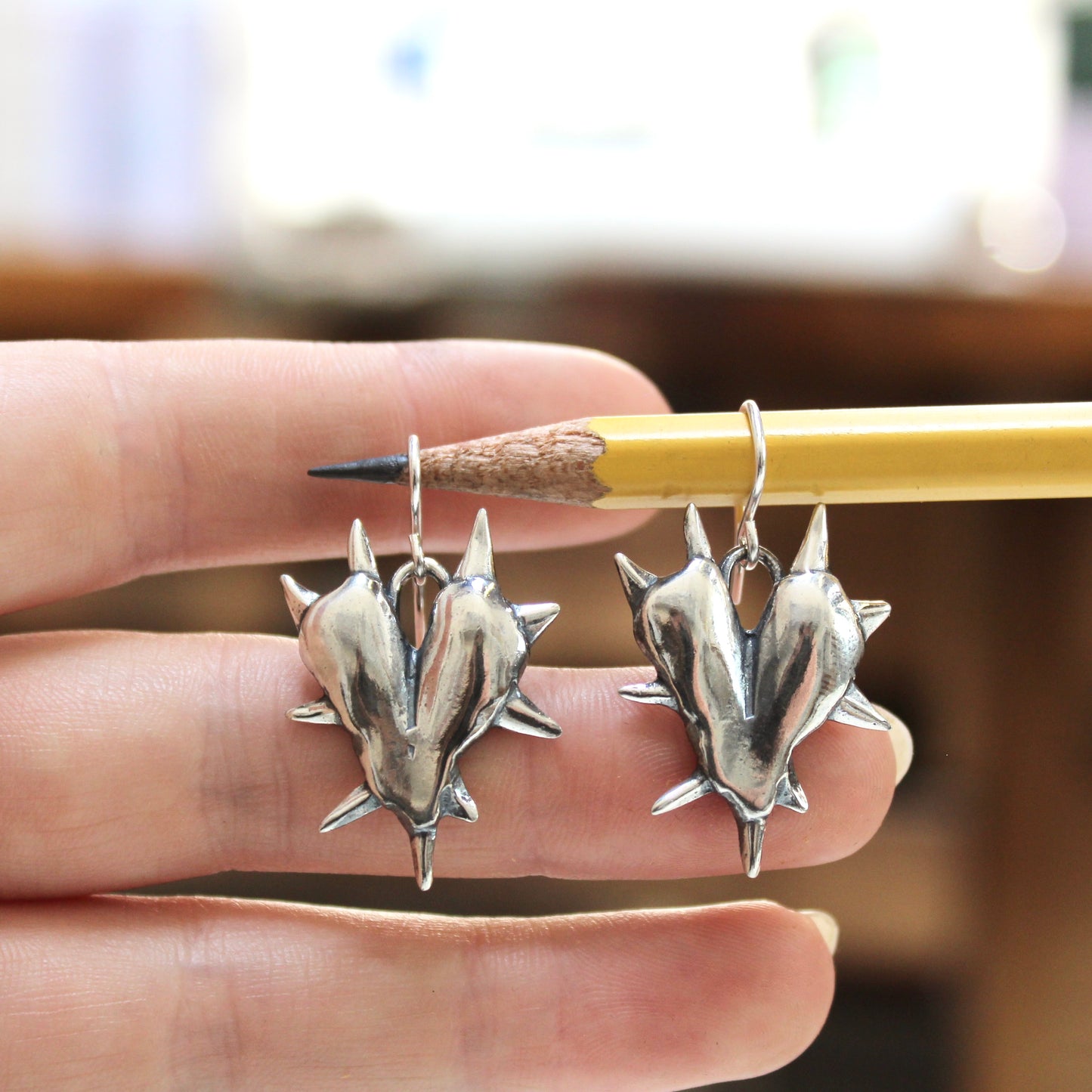 Sterling Silver Spiked Heart Earrings - Punk Rock - Gothic - Beautiful Protected Heart Gift