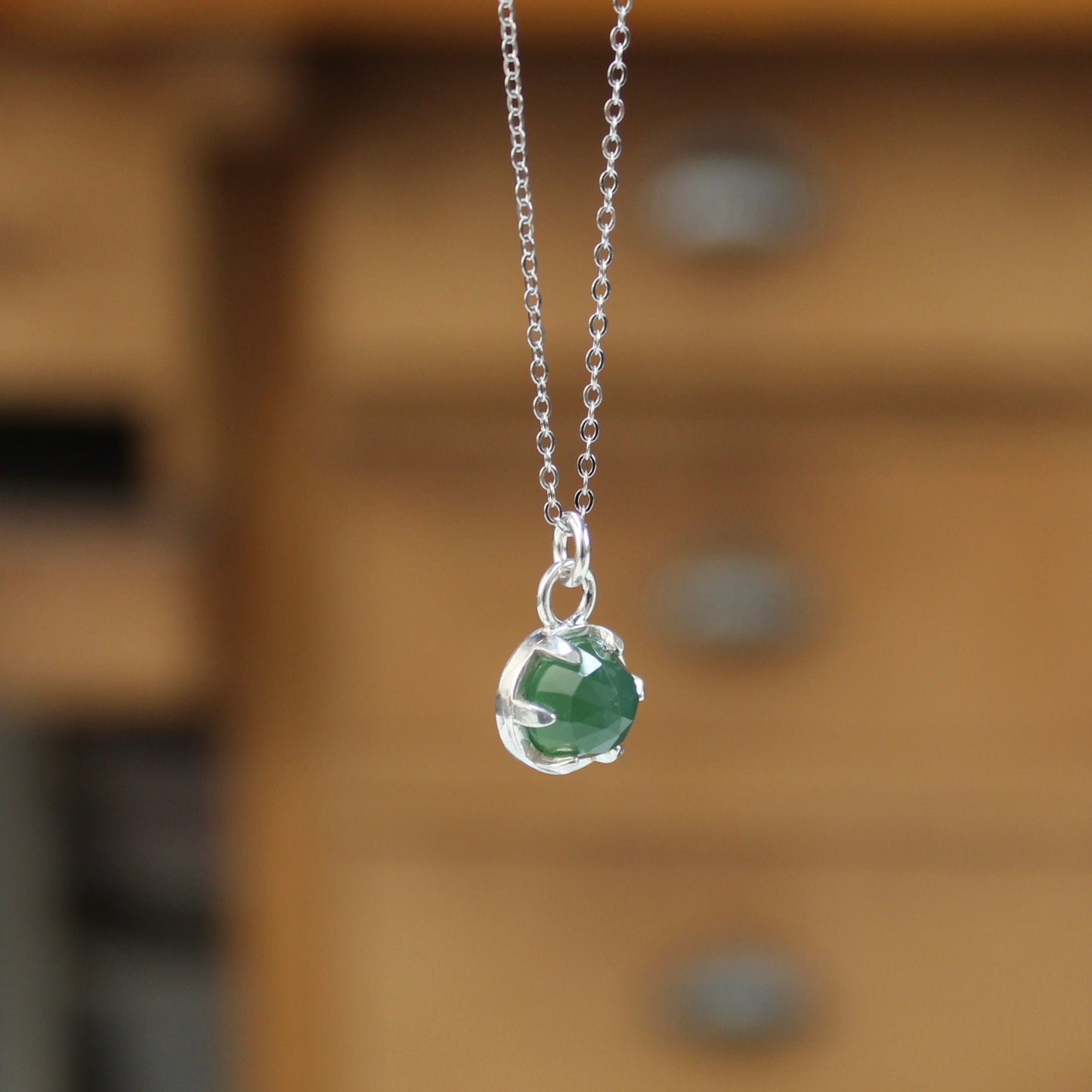 Tiny Rose Cut Serpentine Necklace - Prong Set Sterling Gemstone Pendant on Adjustable Sterling chain