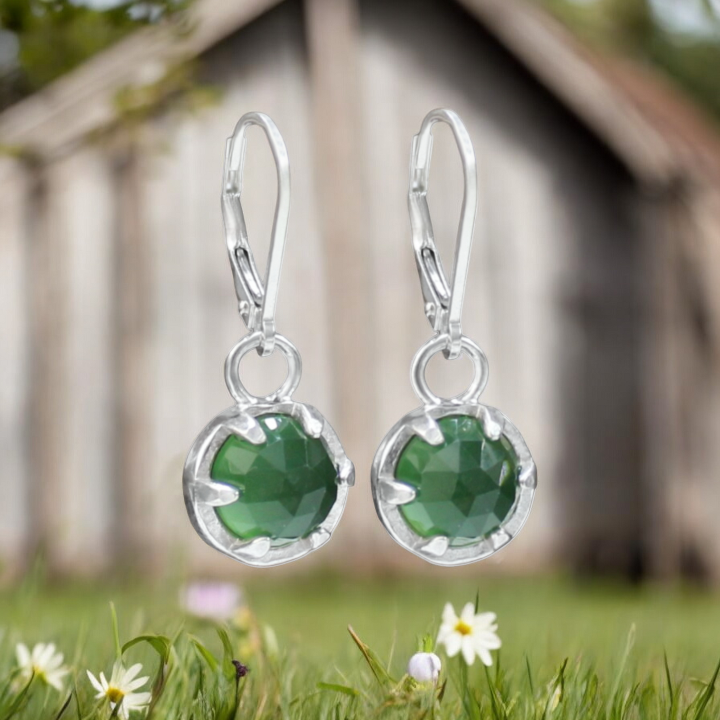Serpentine Earrings - Prong Set Rose Cut Sterling Silver Gemstone Dangle Earrings - Green Lever Backs