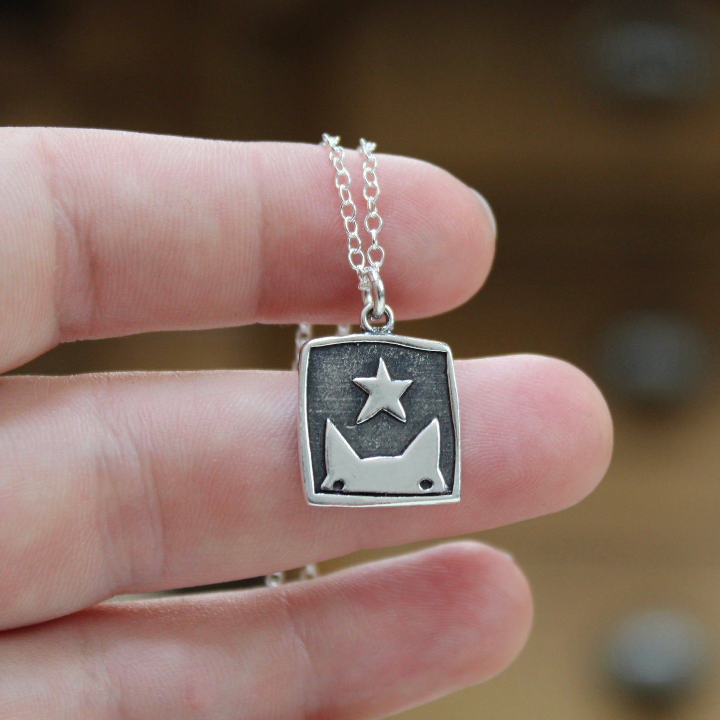 Sterling Silver Star Cat Charm Necklace on Adjustable Chain - Framed Star Gazing Kitty Jewelry