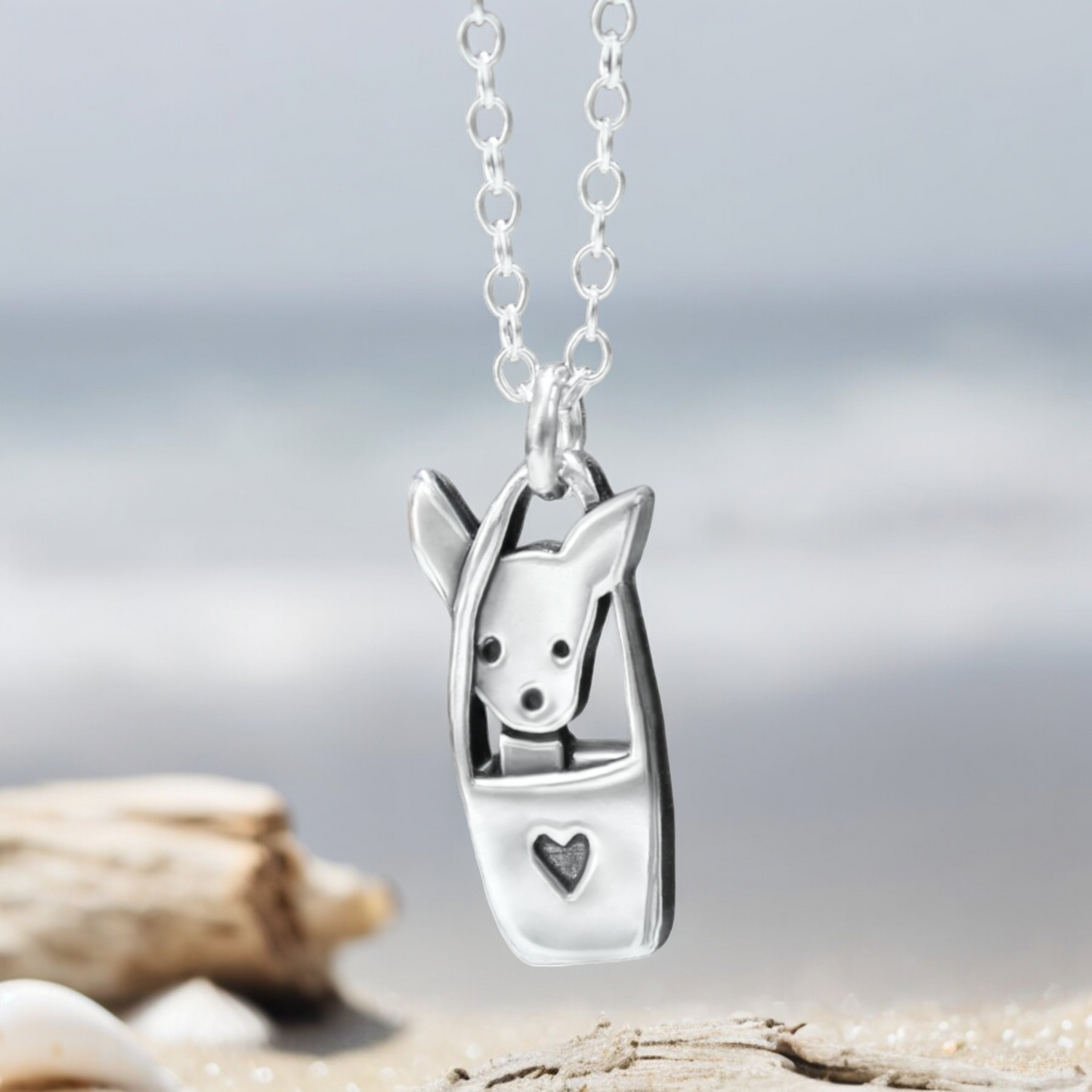 Mark Poulin Tote Dog Charm - Small Detailed and Adorable Solid Sterling Silver Dog in a Bag Necklace or Pendant