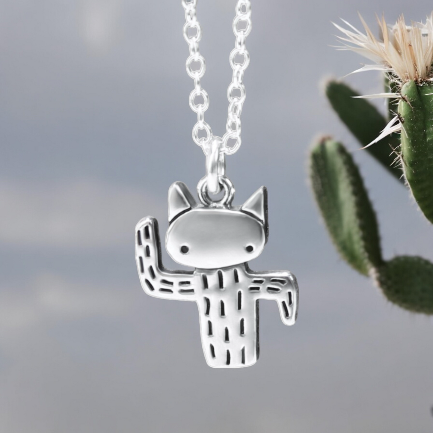 Sterling Silver Cactus Cat Charm Necklace - Dancing Saguro Pendant - Desert Cat Jewelry