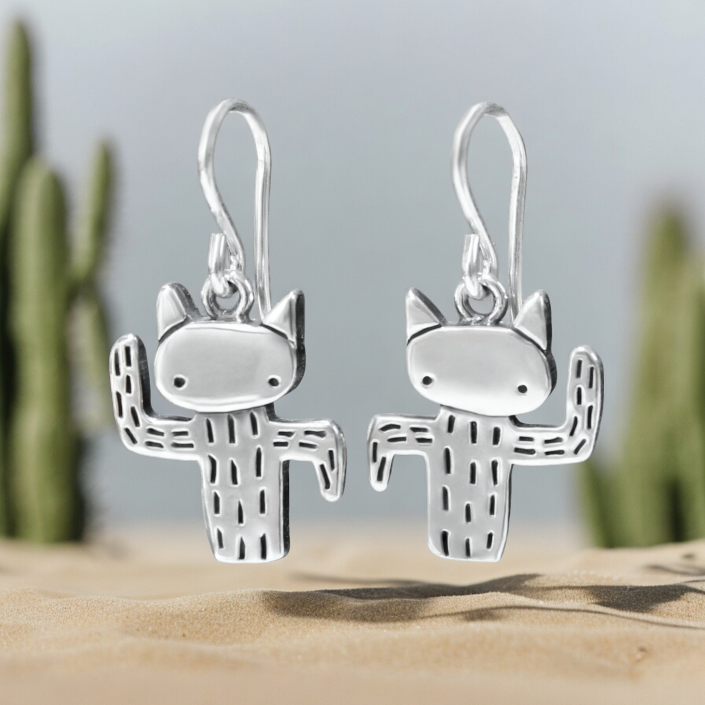 Sterling Silver Dancing Cactus Cat Earrings - Funny and Adorable Saguro Kitty Gift for Her - Cat Charm Dangle