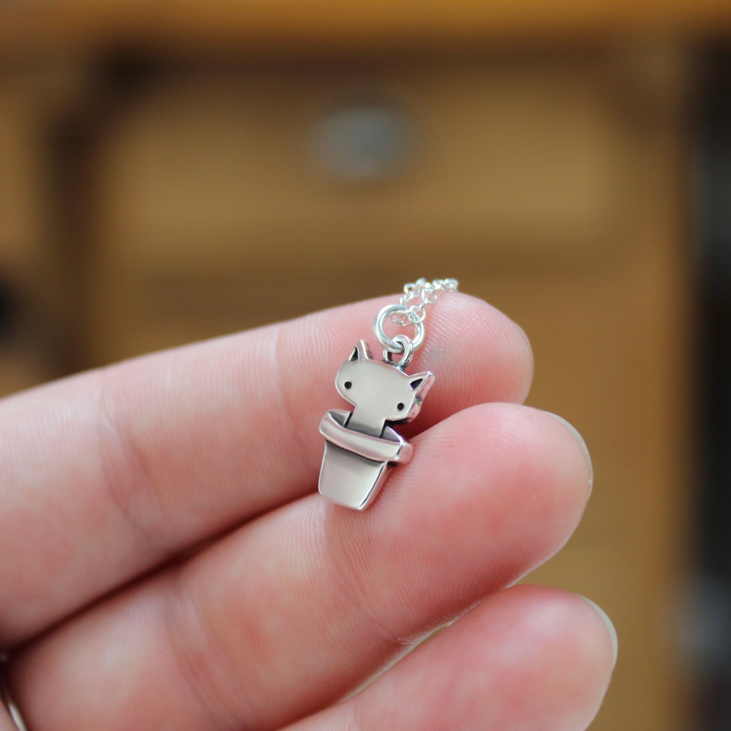 Tiny Plant Cat Charm Necklace - Adorable Sterling Silver Terra-Cata Charm on Adjustable Chain Gift for Cat and Plant Person