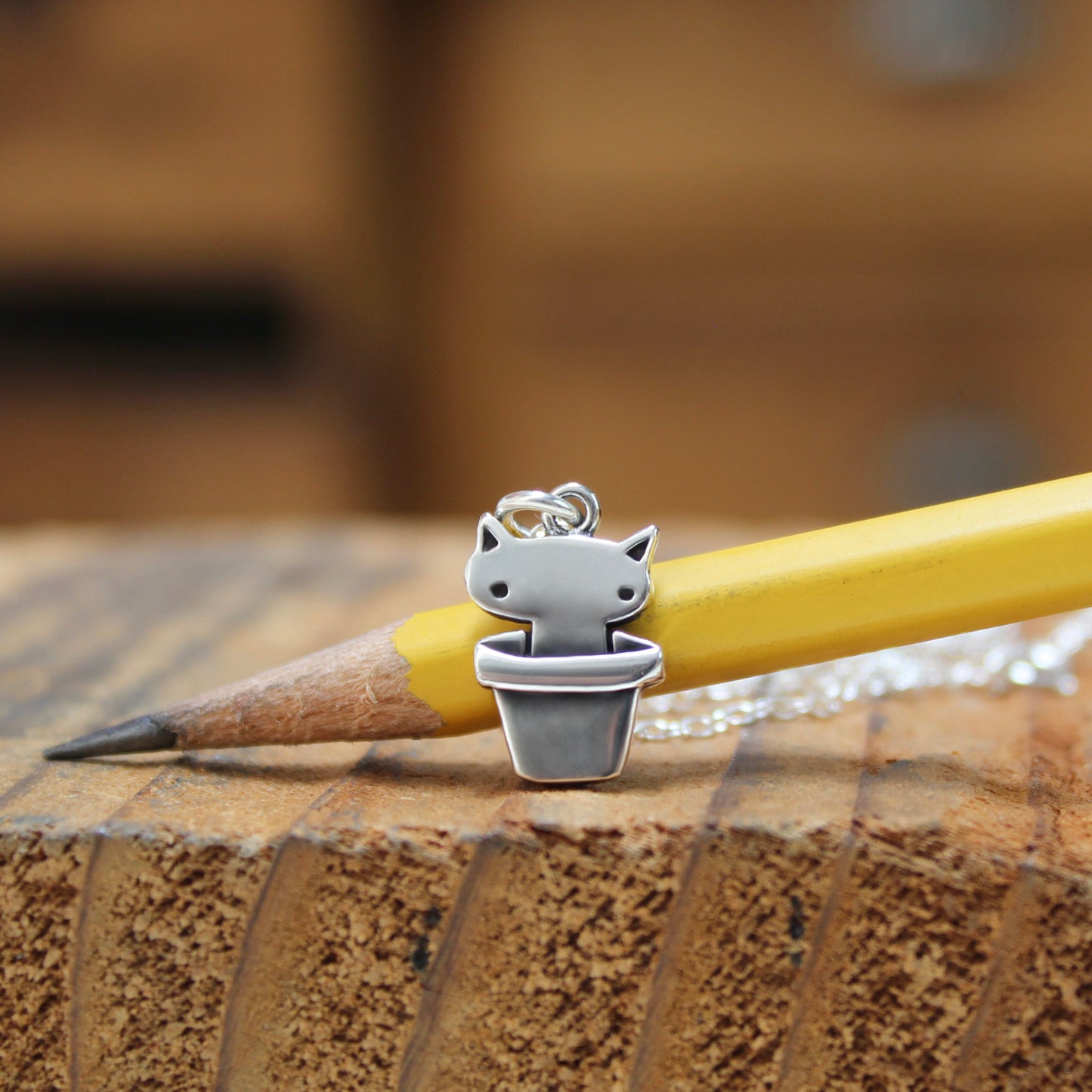 Tiny Plant Cat Charm Necklace - Adorable Sterling Silver Terra-Cata Charm on Adjustable Chain Gift for Cat and Plant Person