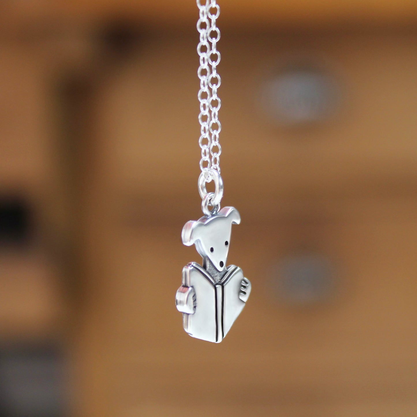 Book Dog Necklace - Sterling Silver Reading Dog - Smart Dog Charm on Adjustable Chain