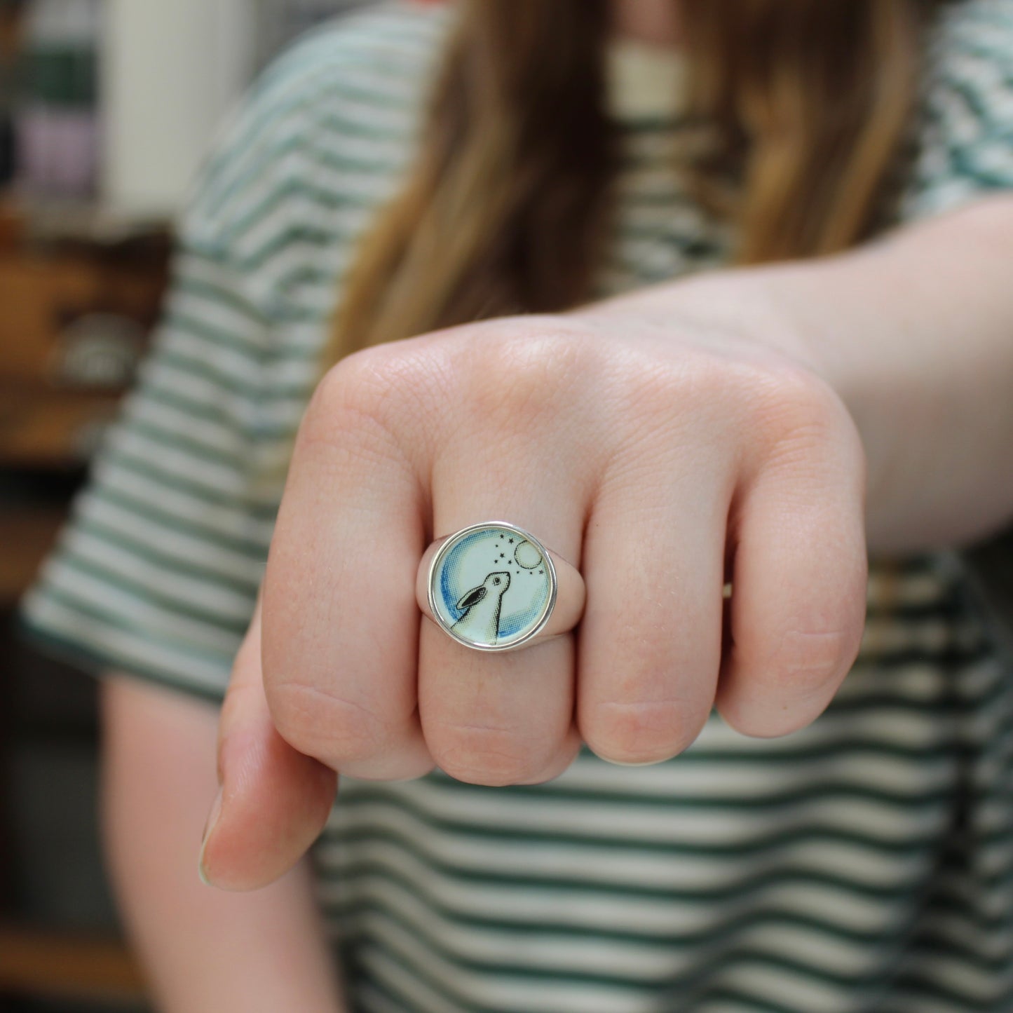 Signet Ring - Stargazing Rabbit Magical Ring for Men and Women - Vitreous Enamel and Sterling Silver sizes 5 through 12 Star and Moon Ring
