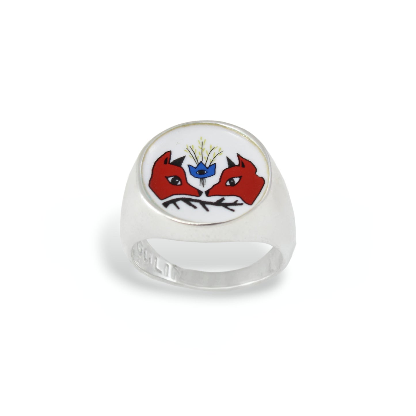 Signet Ring - Fox Dog Wolf Crown Magical Design for Men and Women - Vitreous Enamel and Sterling Silver sizes 5 through 12