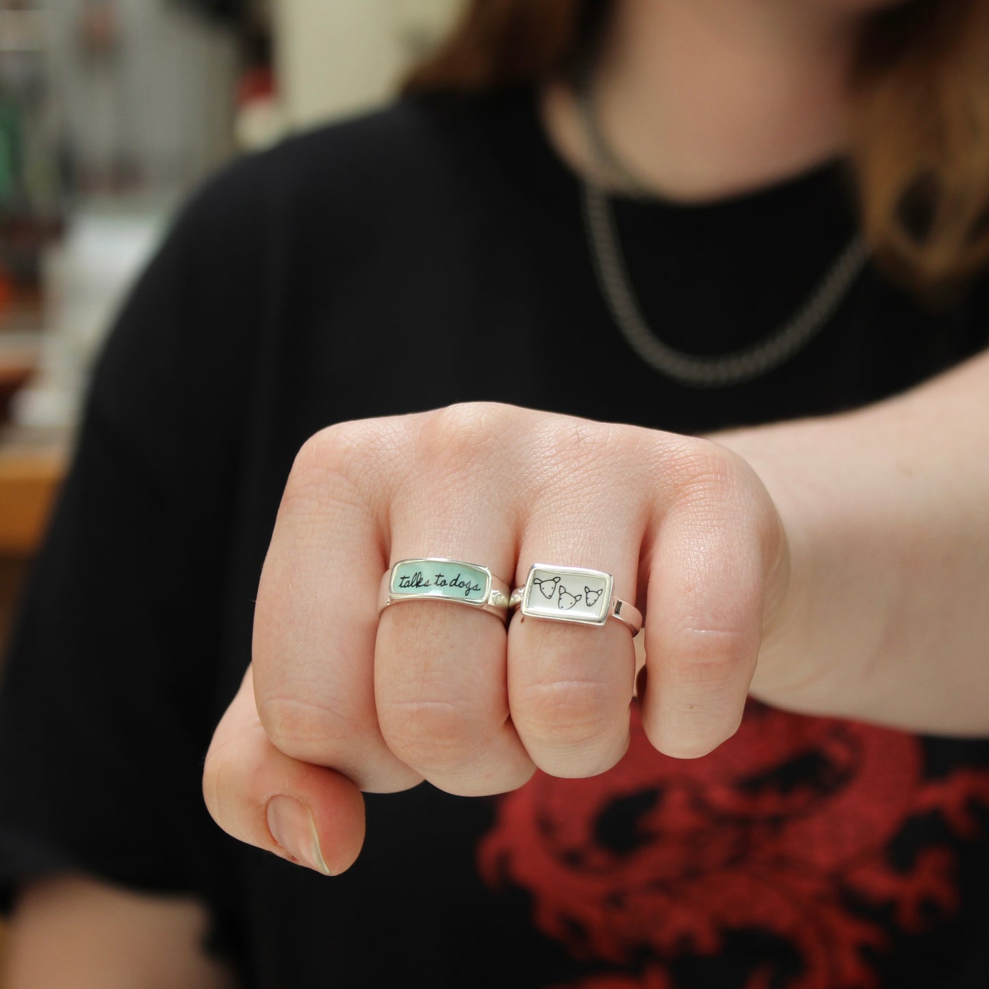 Sterling Silver and Enamel Talks to Dogs Band Ring - Dog Jewelry