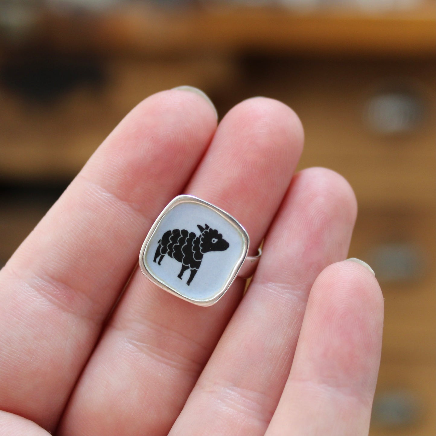 Sterling Silver Black Sheep Ring with Kiln Fired Vitreous Enamel - Black Sheep Jewelry Gift