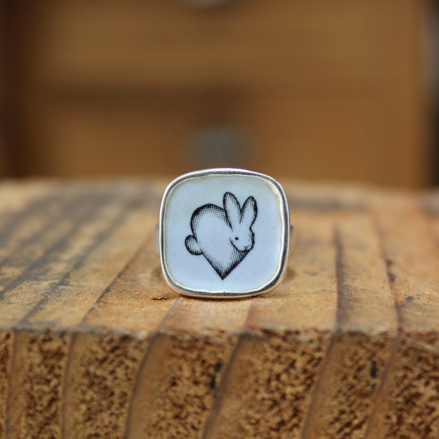 Sterling Silver Rabbit Ring with Kiln Fired Vitreous Enamel - Bunny Jewelry Gift