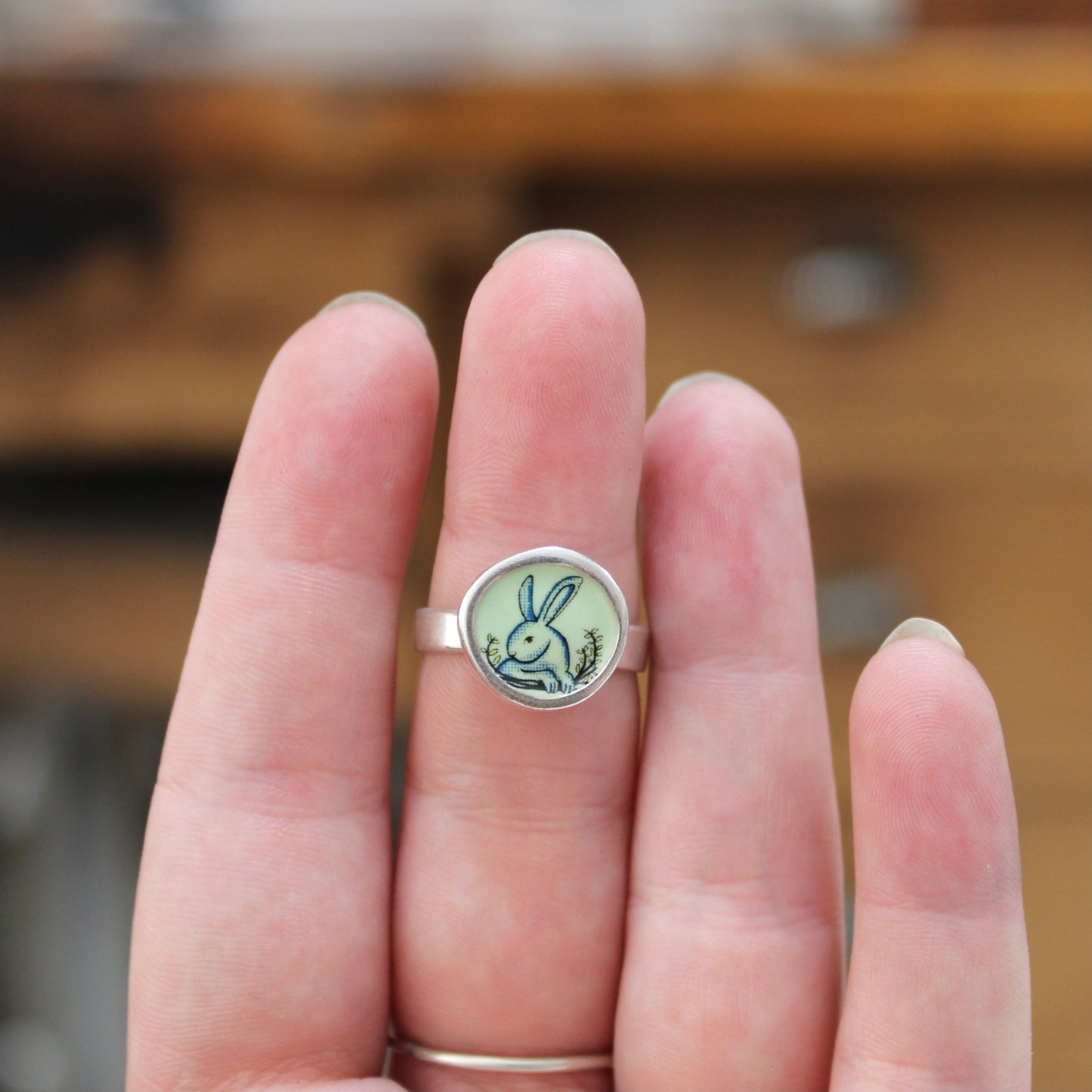 Vintage Looking Rabbit Ring made with Sterling Silver and Vitreous Enamel in sizes 6 7 8 and 9