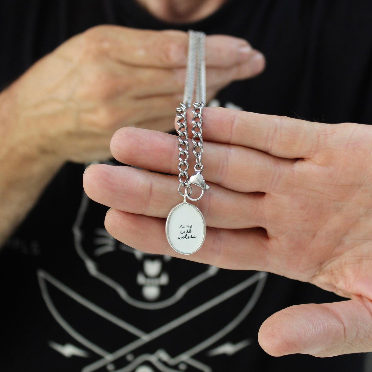 Mens Reversible Wolf Pendant on Stainless Steel Curb Chain - Runs With Wolves Necklace - Wolf Pack Gift